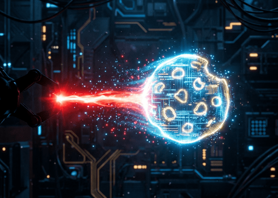 Robotic arm extending to holographic cookie composed of digital circuitry and particles