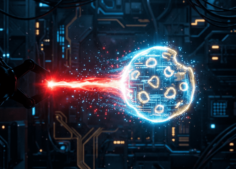 Robotic arm extending to holographic cookie composed of digital circuitry and particles