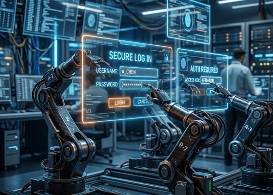 Robotic arms inputting username and password on a secure login interface