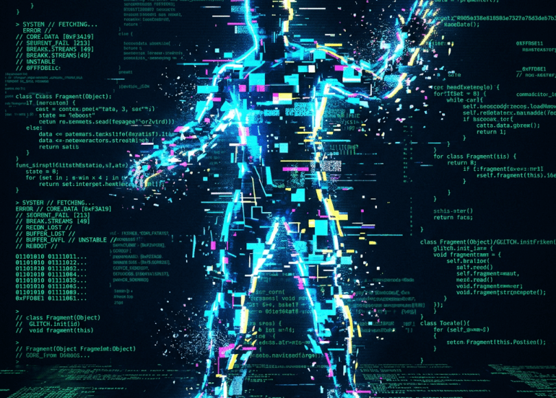 Glowing fragmented digital human figure surrounded by floating code and glitch effects