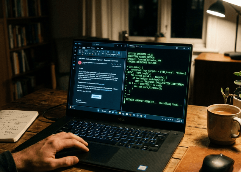 Laptop screen split showing coding interface and an email draft with a hand on keyboard