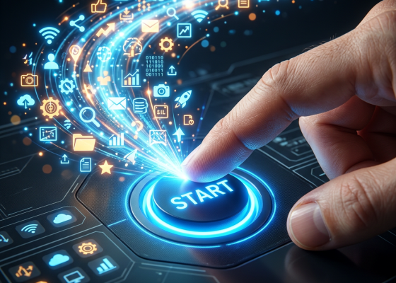 Finger pressing a glowing start button with digital technology icons emerging