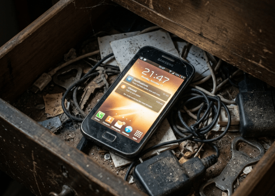 Old Samsung smartphone in a cluttered, dusty wooden drawer with cables and keys