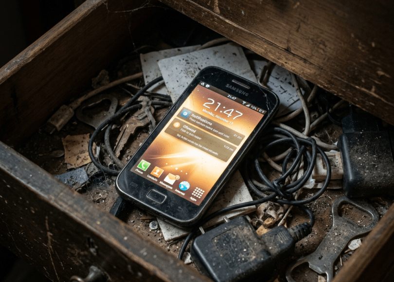 Old Samsung smartphone in a cluttered, dusty wooden drawer with cables and keys