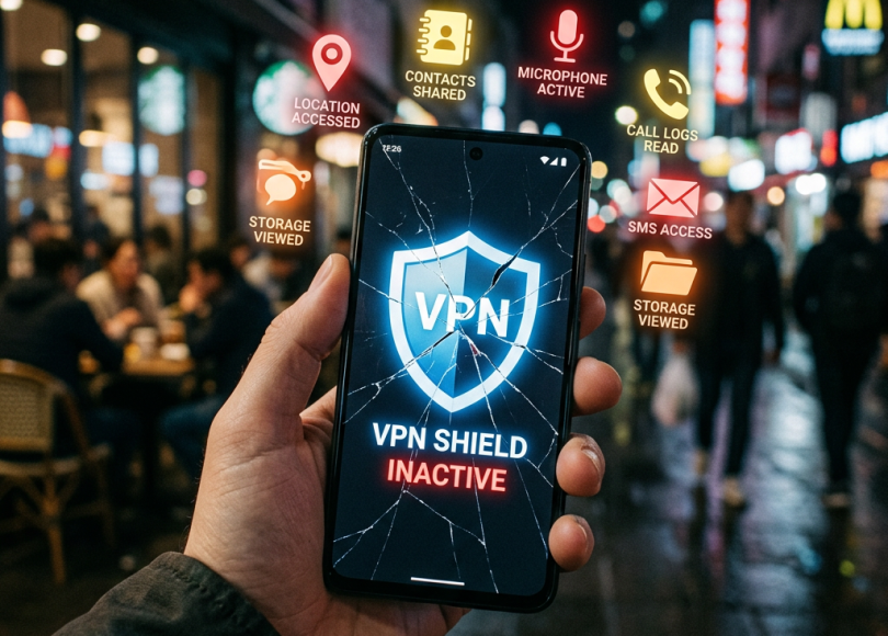 Smartphone with broken screen displaying inactive VPN shield and icons indicating location, contacts, microphone, call logs, SMS, and storage accessed