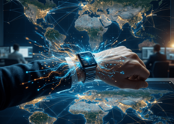 Smartwatch on wrist showing data streams with global network map in background
