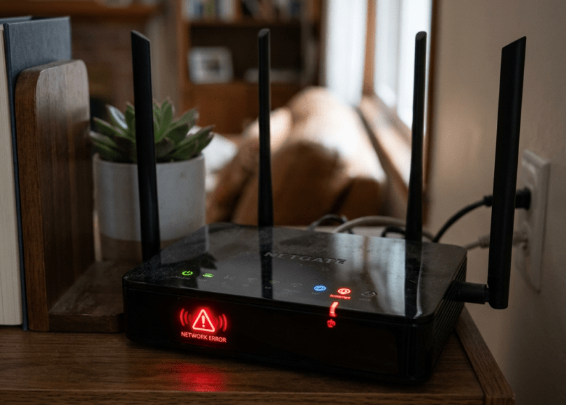 WiFi router showing red network error light on wooden shelf