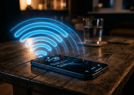 Smartphone on wooden table with glowing blue Wi-Fi signal graphic above