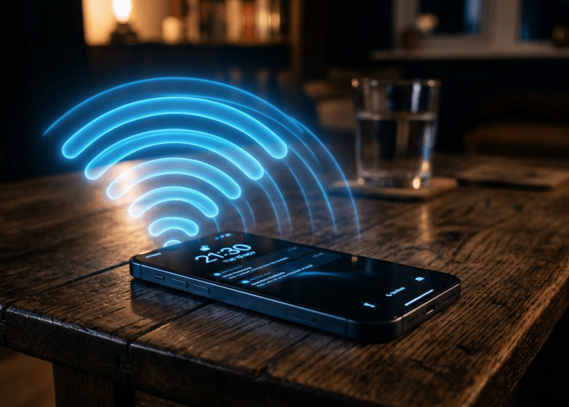 Smartphone on wooden table with glowing blue Wi-Fi signal graphic above