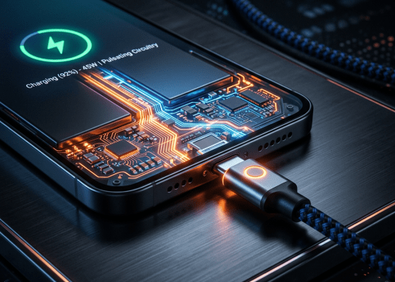 Smartphone with visible internal circuits charging at 92% using 45W power
