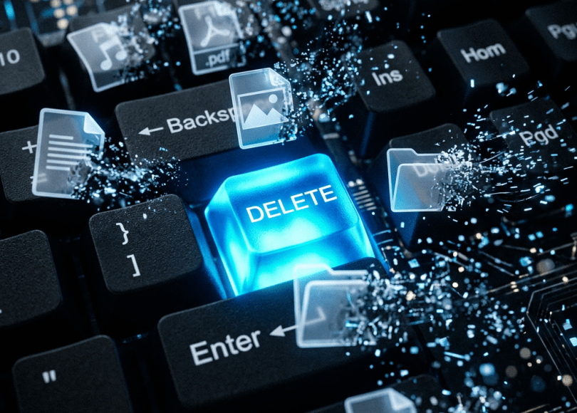 Glowing delete key with fading file icons
