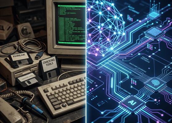Left side shows vintage computer with floppy disks labeled 'Phreak' and 'Cracking Tools'; right side shows digital AI network with labeled chips and neural connections.