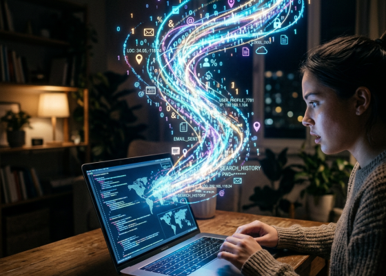 Woman working on laptop with digital data streams and cybersecurity icons