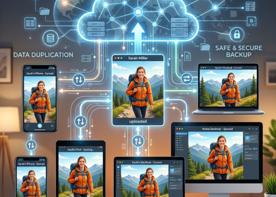 Multiple digital devices showing a photo of a woman hiking, connected through global cloud sync