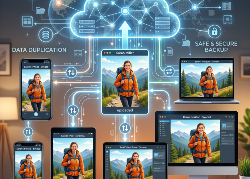 Multiple digital devices showing a photo of a woman hiking, connected through global cloud sync