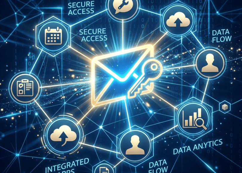 Email icon with key surrounded by icons representing secure access, integrated apps, data flow, and data analytics
