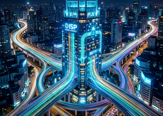 Skyscraper with glowing blue network lines merging into illuminated highways in a nighttime cityscape