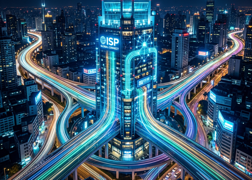 Skyscraper with glowing blue network lines merging into illuminated highways in a nighttime cityscape