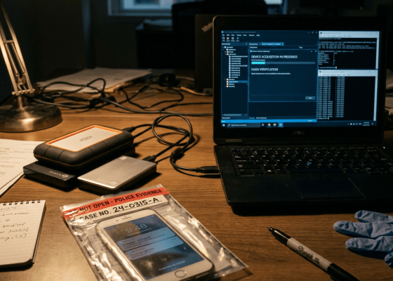Forensic workstation with laptop showing device acquisition software, evidence phone in police bag, and external hard drives