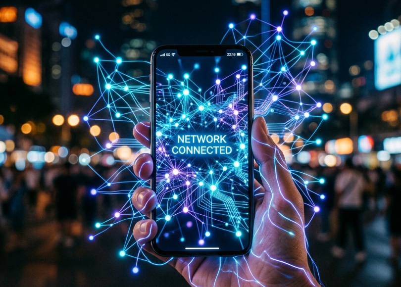 Hand holding smartphone with 'NETWORK CONNECTED' text and digital network visualization