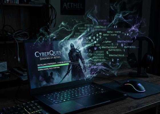 Laptop screen showing CyberQuest Shadows of Aethel installation with a dark armored figure and digital code graphics.