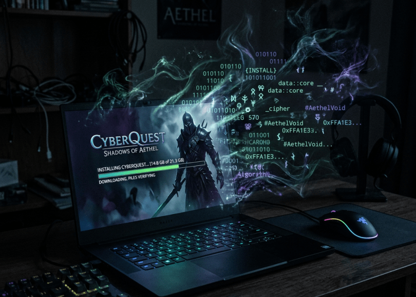Laptop screen showing CyberQuest Shadows of Aethel installation with a dark armored figure and digital code graphics.