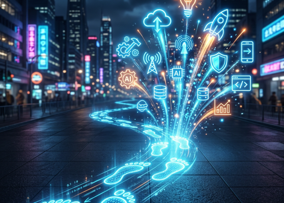 Glowing digital footprints on city pavement with technology and AI icons above them