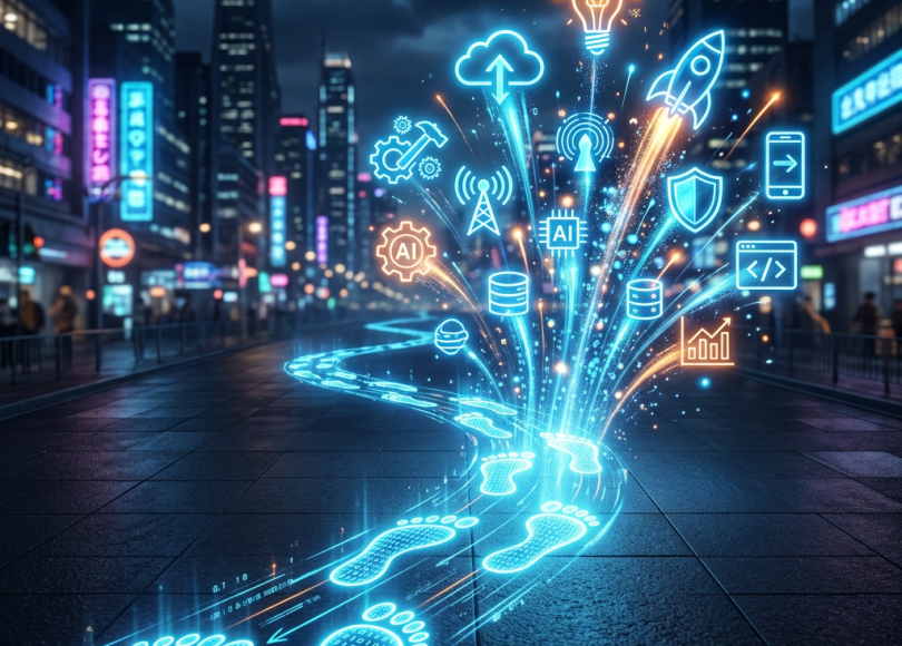 Glowing digital footprints on city pavement with technology and AI icons above them
