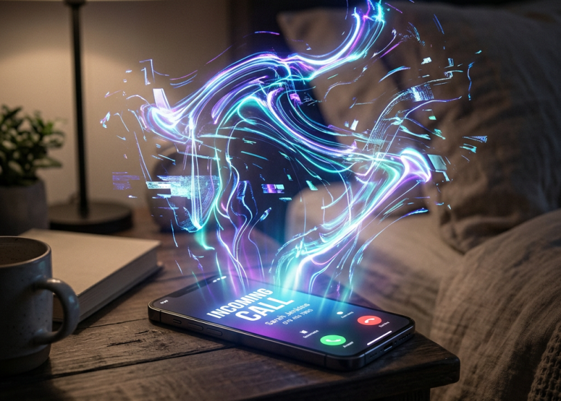Smartphone on a wooden bedside table showing an incoming call with colorful holographic light effects above it