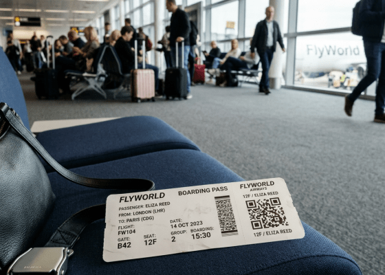 Boarding pass for FlyWorld flight FW104 from London to Paris on seat 12F at gate B42