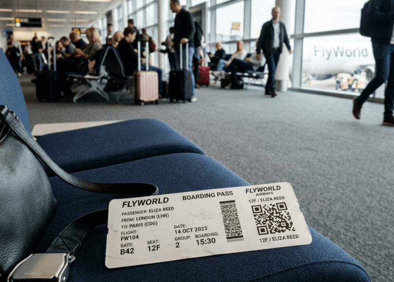 Boarding pass for FlyWorld flight FW104 from London to Paris on seat 12F at gate B42