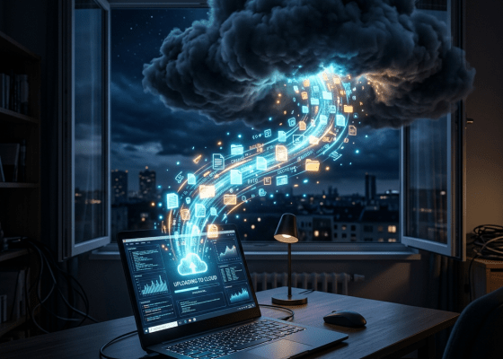 Laptop uploading data files to a glowing digital cloud representation outside an open window at night