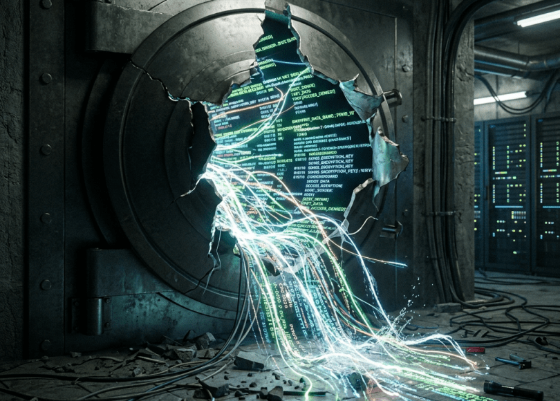 Cracked bank vault door with glowing digital data streams flowing through the hole