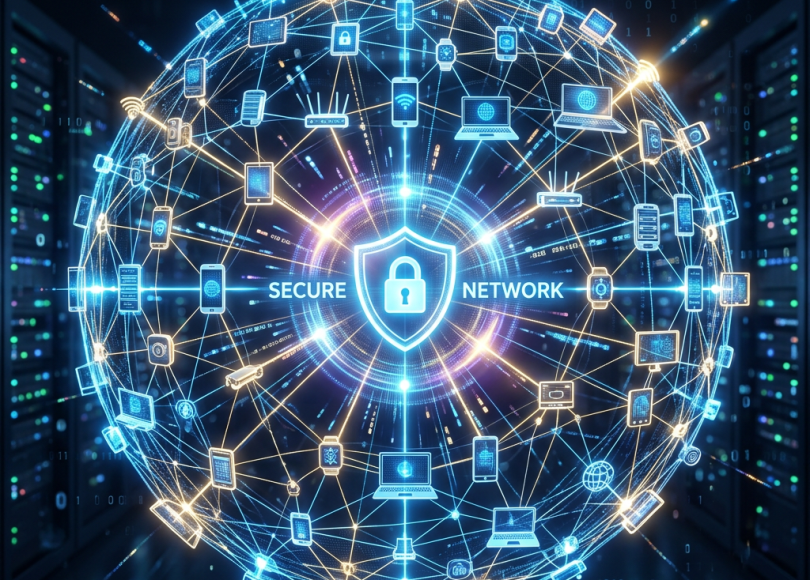 Digital globe with interconnected device icons and central lock labeled secure network