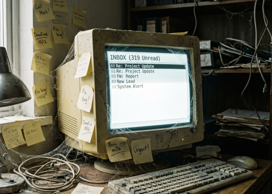 Dusty old computer glowing inbox, cobwebs, sticky notes
