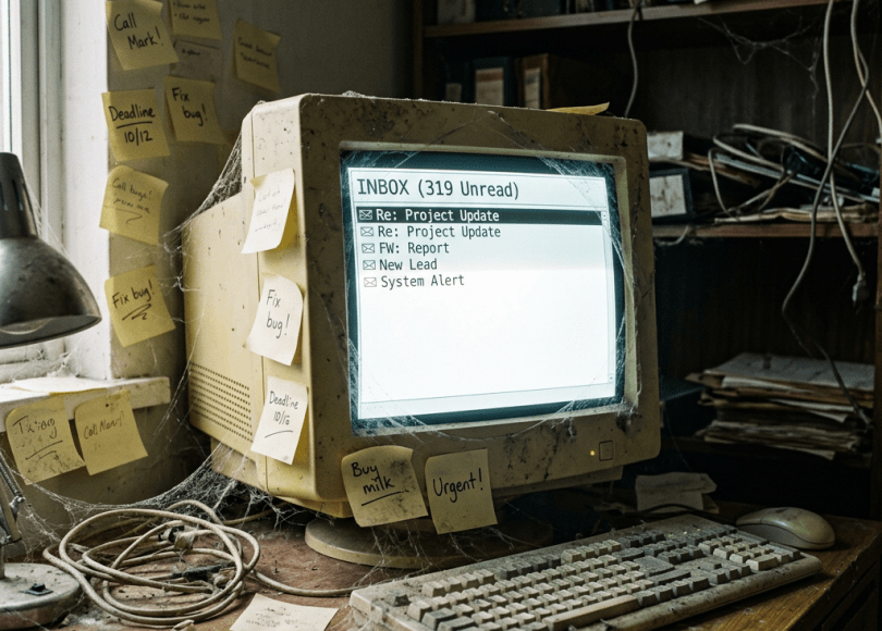 Dusty old computer glowing inbox, cobwebs, sticky notes