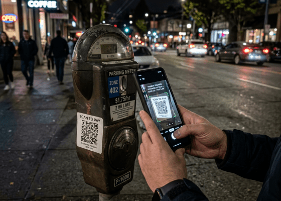 Hands holding smartphone scanning QR code on parking meter for payment
