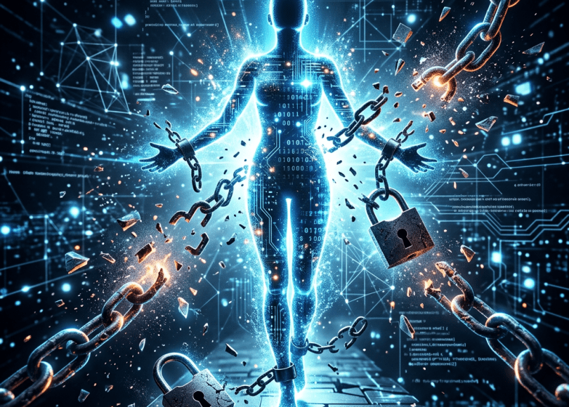 Glowing humanoid figure breaking chains and padlocks surrounded by digital code
