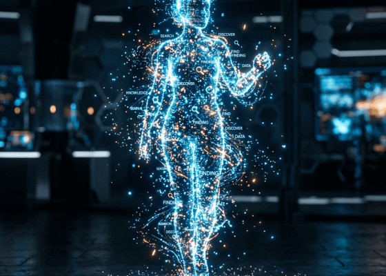 Holographic human figure with floating data words and icons