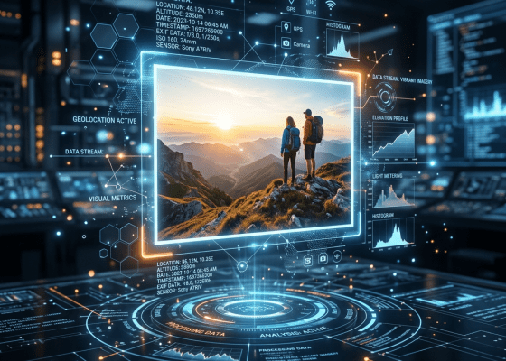 Two hikers standing on a rocky mountain peak at sunset shown in a futuristic augmented reality data interface