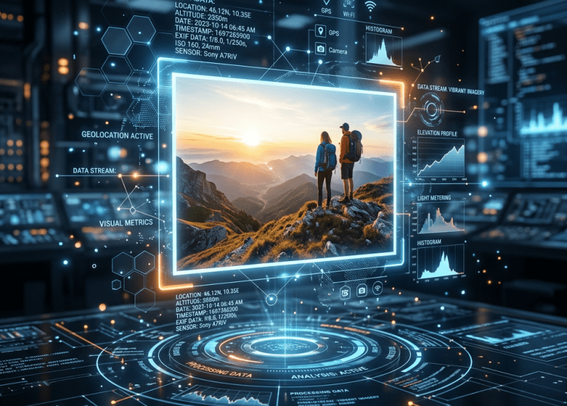 Two hikers standing on a rocky mountain peak at sunset shown in a futuristic augmented reality data interface