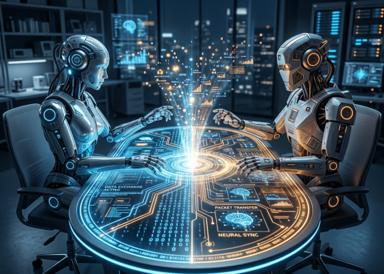 Two humanoid robots exchanging neural data on a holographic interface in a high-tech lab