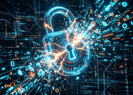 Glowing padlock cracking into digital fragments