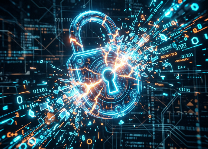 Glowing padlock cracking into digital fragments