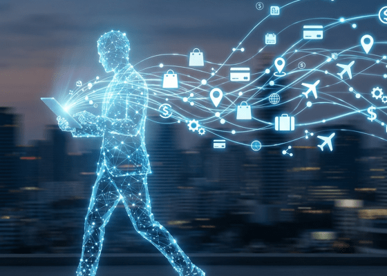 Digital human figure holding tablet with network lines and icons of shopping, travel, and finance