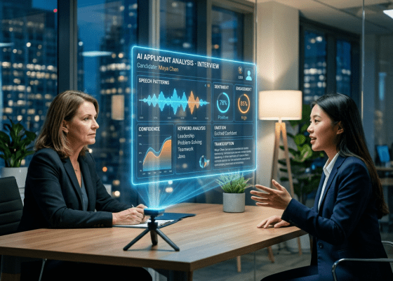 Job interview with holographic AI analysis interface