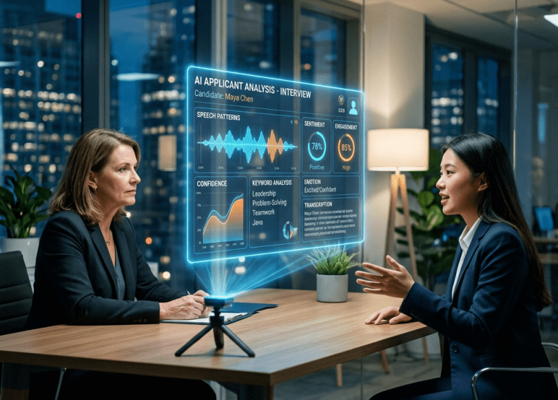 Job interview with holographic AI analysis interface