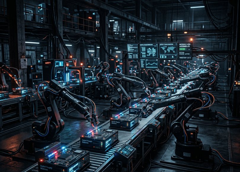 Robotic arms assembling electronic circuit boards on a conveyor in a factory