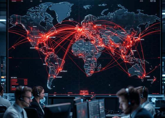 World map showing active cyberattacks with bright red lines connecting major cities globally