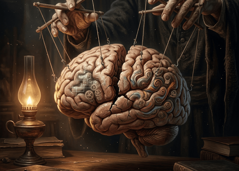 Two brain hemispheres manipulated by hands with strings over a table with books and an oil lamp